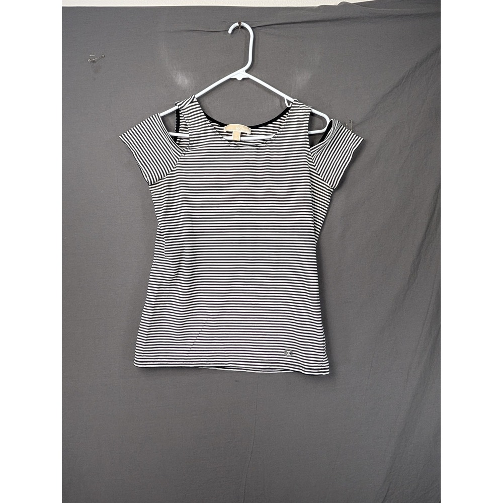 Michael Kors Cold Shoulder Striped Top Black White Womens Medium 6230